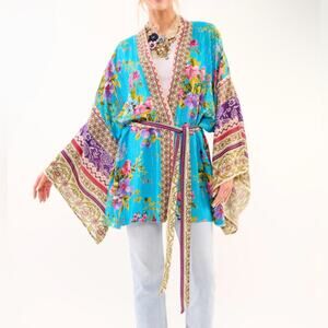 ARATTA Garden of Eden Kimono OS NIP Blue Floral Metallic Belted Duster